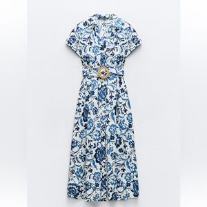 Zara Blue and White Wrap Sundress with Notched Collar